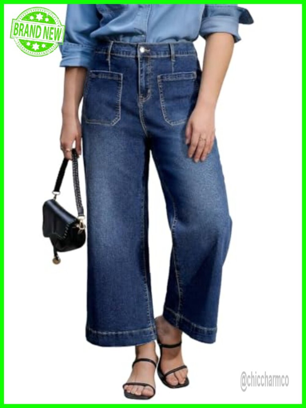Plus Size High Waisted Cropped Wide Leg Stretch Denim Jeans Pockets